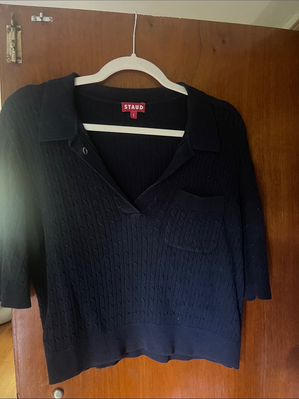 STAUD Navy Short-Sleeve Cable-Knit Polo Sweater